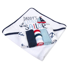 Load image into Gallery viewer, 6-pc. Baby Bath Set w/ Hooded Towel &amp; Wash Cloths - Daddy&#39;s Little Sailor
