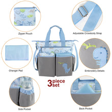 Load image into Gallery viewer, Baby Essentials 3 In 1 Blue Dino Themed Diaper Bag
