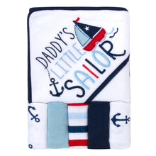 Load image into Gallery viewer, 6-pc. Baby Bath Set w/ Hooded Towel &amp; Wash Cloths - Daddy&#39;s Little Sailor
