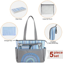 Load image into Gallery viewer, Baby Essentials Diaper Bag Tote 5 Piece Set Blue Rainbow Themed
