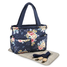 Load image into Gallery viewer, Baby Essentials Quilted Floral Diaper Bag Tote- Navy
