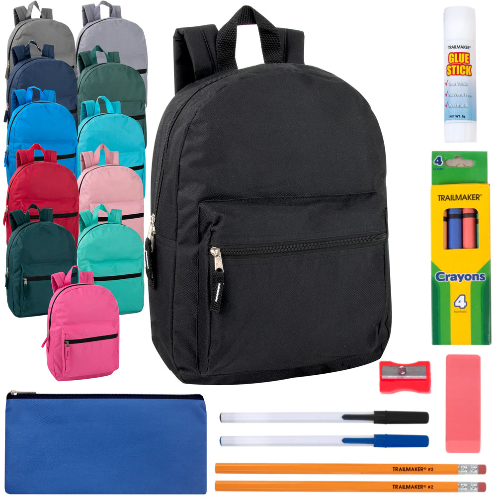 15-inch Backpack with 12-Piece School Supplies Kit - 12 Colors