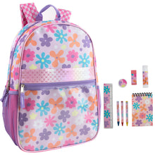 Load image into Gallery viewer, 17-Inch Printed Backpack with 8-Piece School Supplies Kit - Purple Floral
