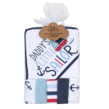 Load image into Gallery viewer, 6-pc. Baby Bath Set w/ Hooded Towel &amp; Wash Cloths - Daddy&#39;s Little Sailor
