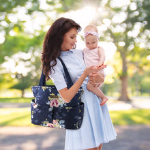 Load image into Gallery viewer, Baby Essentials Quilted Floral Diaper Bag Tote- Navy
