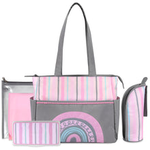 Load image into Gallery viewer, Baby Essentials Diaper Bag Tote 5 Piece Set Pink Rainbow Themed
