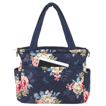 Load image into Gallery viewer, Baby Essentials Quilted Floral Diaper Bag Tote- Navy
