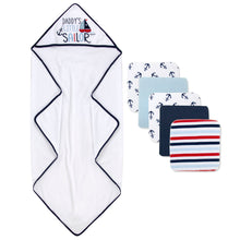 Load image into Gallery viewer, 6-pc. Baby Bath Set w/ Hooded Towel &amp; Wash Cloths - Daddy&#39;s Little Sailor
